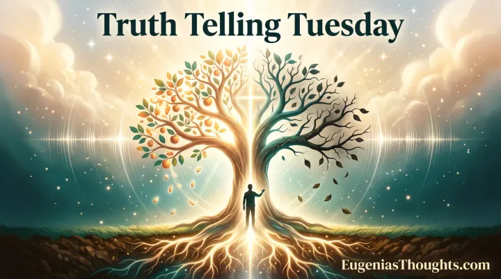 Glowing Tree of Life with one flourishing fruitful side and one withering side, a person standing at the trunk beneath a cross of light, roots spreading into earth.