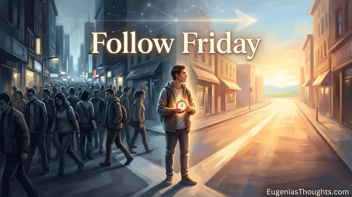 Person with glowing compass standing between a crowded dark street and a bright empty road, symbolizing choosing a new path instead of following the coordinated crowd.
