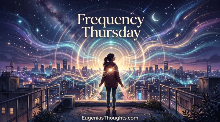 Person on rooftop at night with glowing heart and colorful light waves radiating over a city skyline, symbolizing broadcasting a new spiritual frequency.