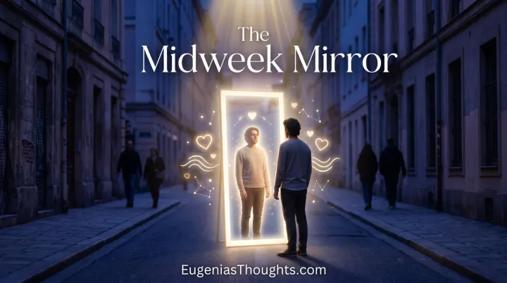 Person facing a glowing mirror in a twilight city street, with hearts and constellations around the reflection, symbolizing self-compassion and spiritual reflection.