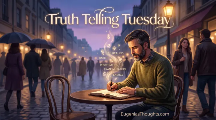 Man writing in a journal at dusk as glowing words about truth, healing, restoration, transmutation, and energy rise from the pages on a city street.