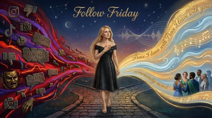 Woman at a crossroads, red stream of harsh social media symbols and judgment words on one side, golden‑blue stream of peace, music, and community on the other.