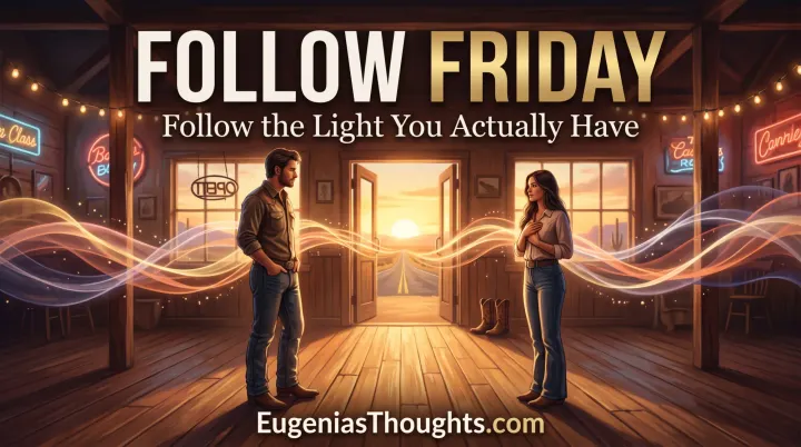 A man and woman stand apart in a warm Texas dance hall as glowing frequency waves flow toward an open door and sunset highway between them.