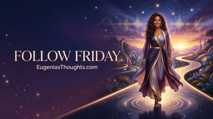 Black woman walks a glowing path at twilight with sound waves and “Follow Friday” text.