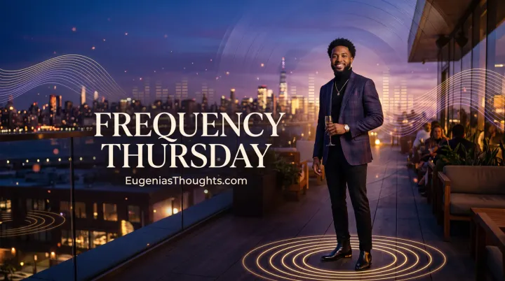 Black man on a rooftop at twilight with glowing sound waves and “Frequency Thursday” text.