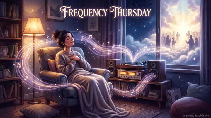 Woman resting in an armchair, hand over heart, glowing music waves flowing from a record player toward a bright heavenly scene outside a night sky window.