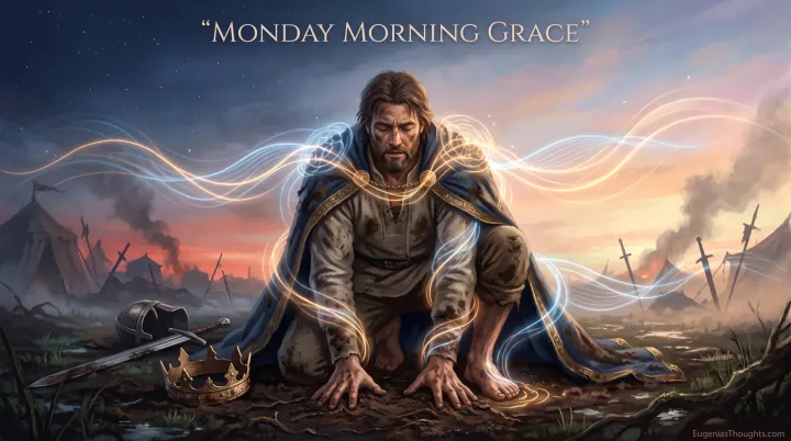 Weary king kneeling barefoot on muddy ground at sunrise, hands in the earth, glowing waves of light flowing around him with crown and sword lying nearby.
