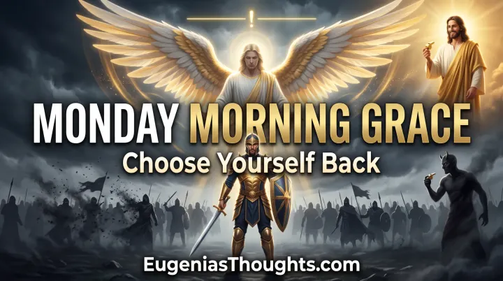 Armored man stands before a shadowy army as an archangel spreads golden wings behind him, while Jesus holds a whistle in radiant light.
