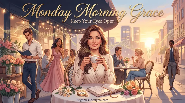 Woman at a golden-hour café holds coffee beside a journal and flowers as diverse people and glowing frequency waves surround her.
