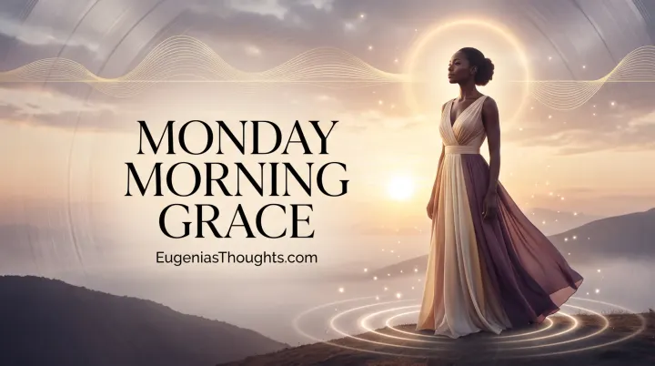 Black woman stands before a glowing sunrise with golden sound waves and the words “Monday Morning Grace” and “EugeniasThoughts.com.”