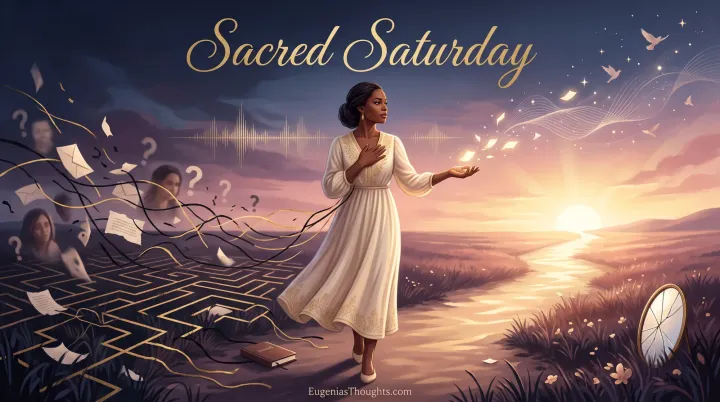 Woman releases papers and dark threads from a maze of questions as she walks toward a golden sunrise path of peace and healing.