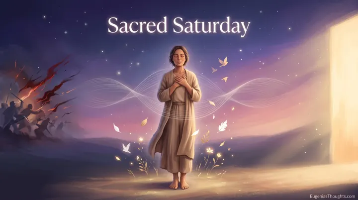 Peaceful person standing in a glowing twilight space between distant battle flames and a doorway of golden light, surrounded by soft waves and floating leaves.