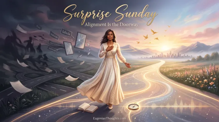 Woman in ivory stands between dark tangled roads and a glowing path toward sunrise, symbolizing alignment, healing, and a hopeful future.