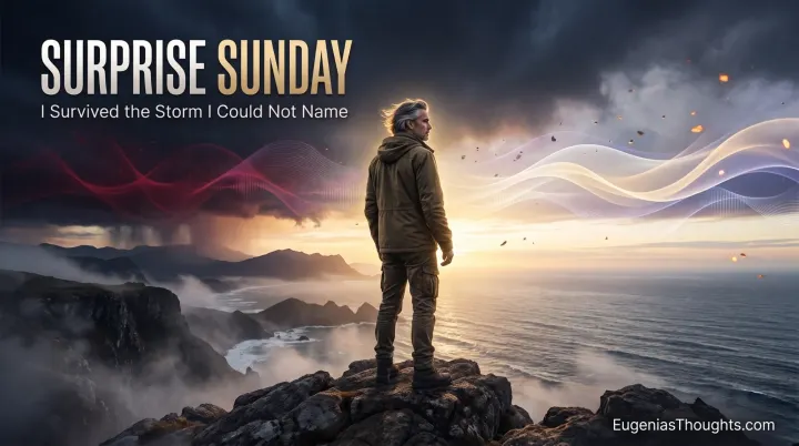 A man stands on a rocky coast at dawn as storm clouds part, sunlight breaks through, and red, violet, and gold frequency waves flow around him.
