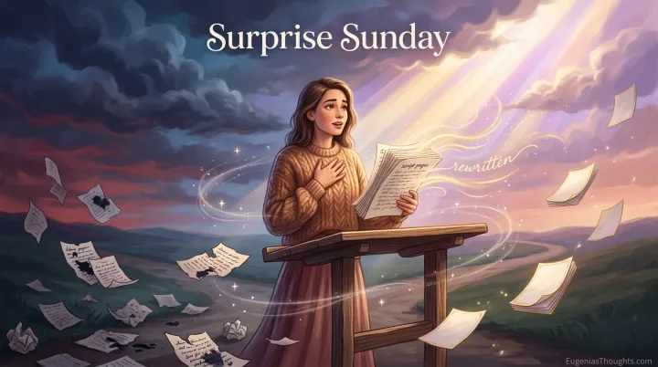 Woman at a podium reading glowing script pages as light breaks through storm clouds and scattered, torn pages blow away across a twilight landscape.