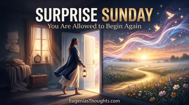 A woman carries a lantern through an open doorway into a sunrise field as colorful frequency waves, birds, and stars flow across the sky.