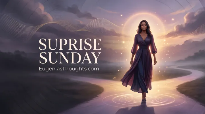 Woman walks toward a glowing path at twilight, surrounded by light waves and the words “Surprise Sunday” and “EugeniasThoughts.com.”
