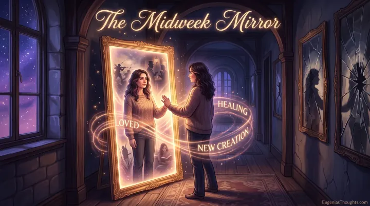 Woman in a dim hallway touching a glowing mirror that reflects her in warm light with words “Loved,” “Healing,” “New Creation,” beside cracked, distorted mirrors.