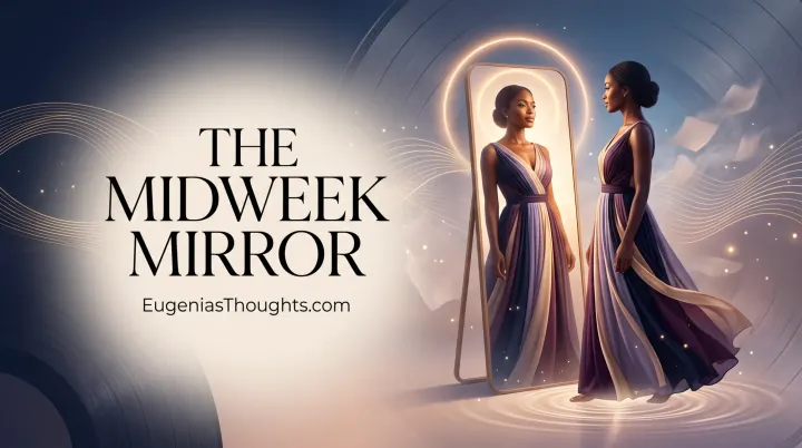 Black woman looks into a glowing mirror with sound waves and “The Midweek Mirror” text.