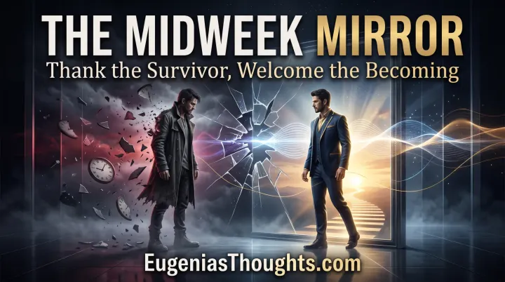 Two versions of a man face each other through a fractured mirror: a weary survivor amid storm clouds and a confident self beside a glowing path.