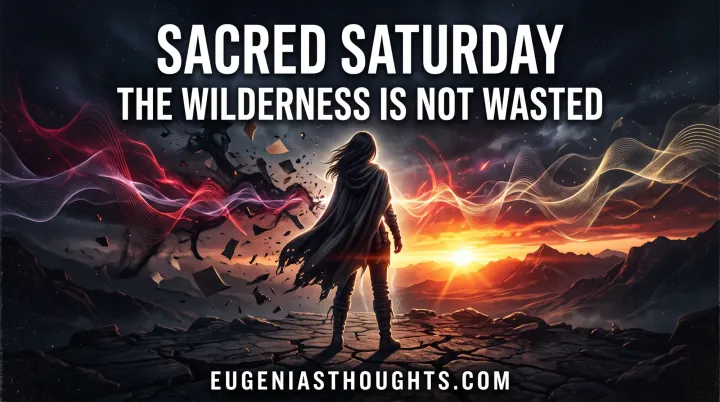 Woman stands on cracked earth before a glowing sunrise as red, purple, and gold frequency waves surround her in a dark wilderness.