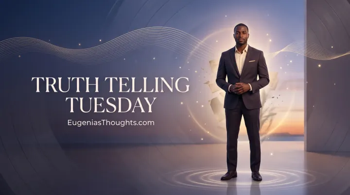 Black man in a dark suit stands in glowing light with sound waves and “Truth Telling Tuesday” text.