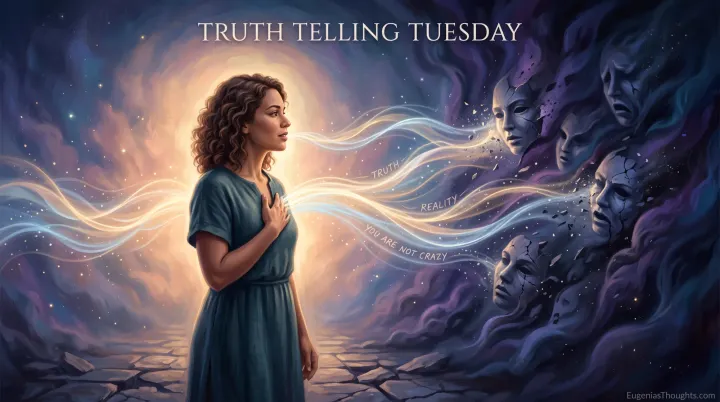 Woman in golden light speaking glowing streams of words into dark, cracked faces in the shadows, with phrases “truth,” “reality,” and “you are not crazy” flowing out.