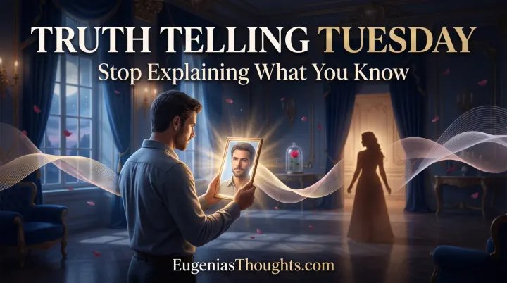 A man holds a glowing mirror in an elegant moonlit ballroom as a woman’s silhouette stands in a doorway amid rose petals and soft light.