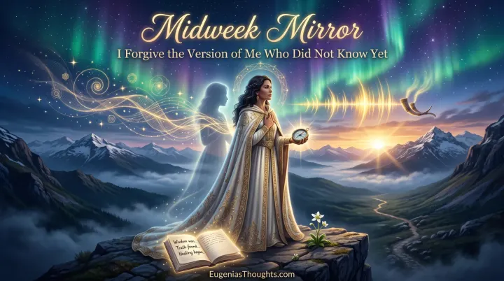 Woman holds a compass beneath aurora frequency waves as her younger self stands behind her on a mountain at sunrise.