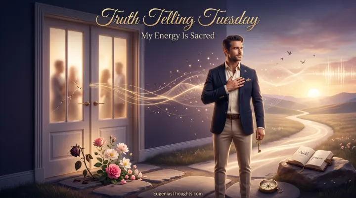 Man holds a golden key outside a closed glowing door as frequency waves lead him toward a sunrise path of truth and peace.