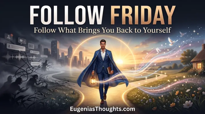A man walks a glowing path at sunrise with a lantern as dark social-media noise fades behind him and colorful frequency waves lead toward peace.