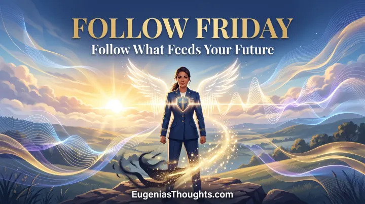 A luminous woman in a navy uniform stands in golden light and frequency waves beneath “Follow Friday: Follow What Feeds Your Future.”
