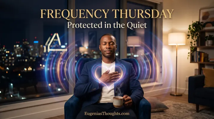 Black man sits peacefully with tea beside a city window as luminous heart-centered frequency waves symbolize stillness, faith, and protection.