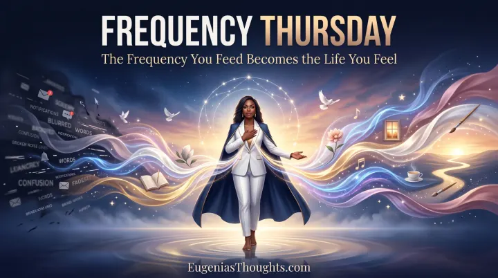 A woman in white stands in glowing frequency waves as doves, stars, and symbols of creativity flow from darkness toward a radiant sunrise.