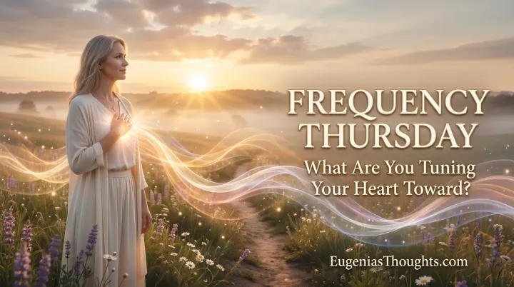 Woman at sunrise with hand over heart and glowing frequency waves, symbolizing faith, renewal, peace, and intentional focus.