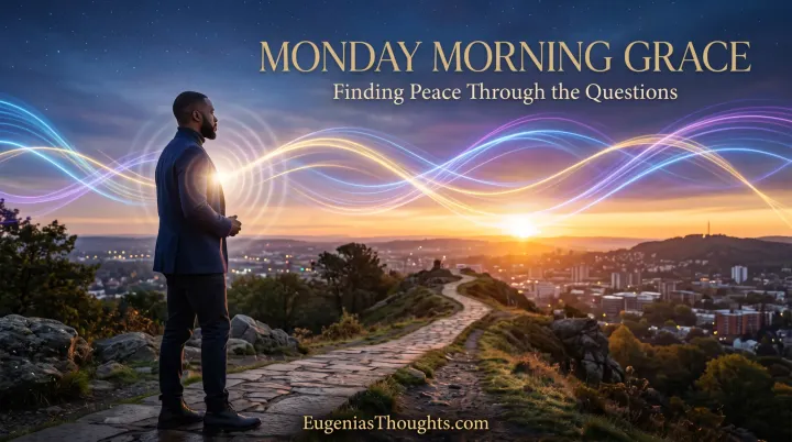 Black man overlooks a sunrise city as luminous frequency waves flow across the sky, symbolizing faith, clarity, peace, and forward movement.