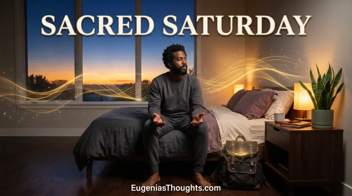 Man sits peacefully on a bed at sunrise with open hands, glowing gold frequency waves, a warm lamp, plant, and backpack beneath Sacred Saturday text.