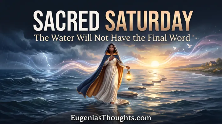 A woman with a lantern walks across stepping stones in stormy water toward sunrise as colorful frequency waves turn darkness into light.