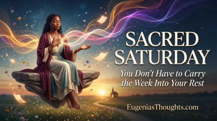 Woman in prayer releases glowing notes amid colorful frequency waves at sunset, symbolizing rest, faith, and letting go.