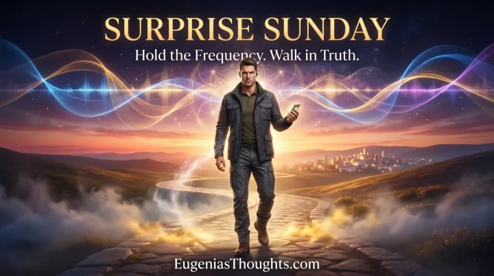 Surprise Sunday feature image of a man walking a glowing path at sunrise amid luminous frequency waves, symbolizing faith, truth, and alignment.
