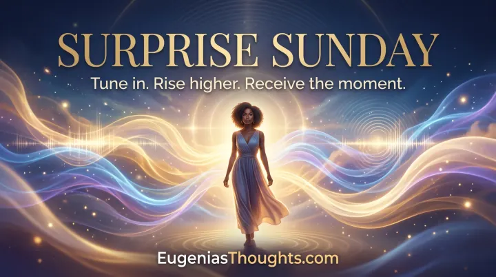A woman stands in glowing waves of gold, blue, and violet light beneath the words “Surprise Sunday” and EugeniasThoughts.com.