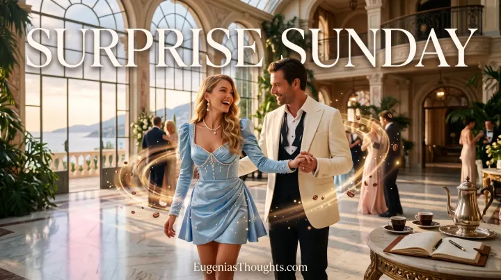 Smiling couple dance in a sunlit ballroom with espresso cups, coffee beans, and gold frequency waves beneath Surprise Sunday text.