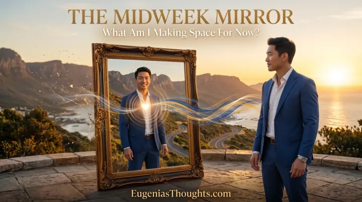 Man in a blue suit faces a glowing ornate mirror at sunset as luminous frequency waves symbolize reflection, healing, and making space for growth.