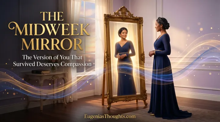 A woman in a navy dress looks into a glowing gold mirror, reflecting a confident version of herself beneath “The Midweek Mirror.”