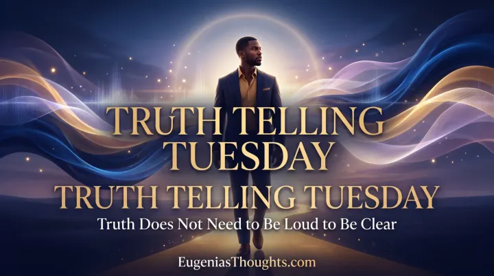 A man stands in gold, blue, and violet frequency waves beneath the title “Truth Telling Tuesday: Truth Does Not Need to Be Loud to Be Clear.”