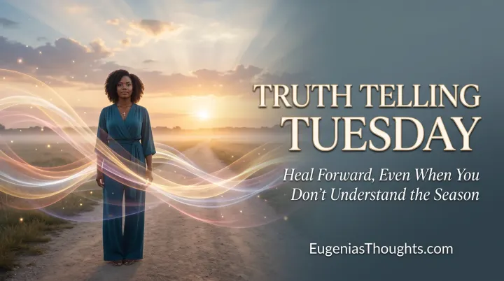 Woman on a sunrise path with glowing frequency waves, symbolizing truth, discernment, faith, and healing forward.