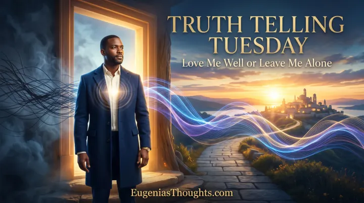 Black man stands in a glowing doorway as tangled dark threads become luminous frequency waves over a sunrise path, symbolizing truth and boundaries.