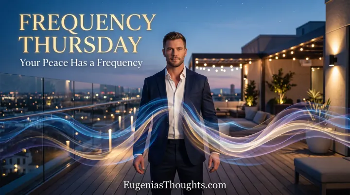 Man on a rooftop at twilight surrounded by blue, gold, and violet light waves beneath “Frequency Thursday: Your Peace Has a Frequency.”