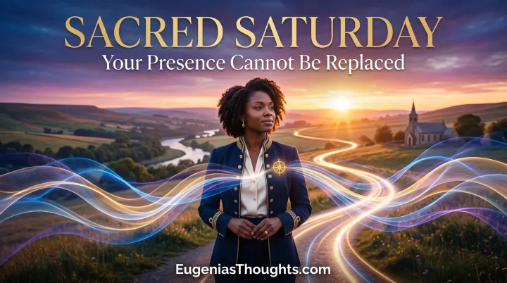 A woman in navy stands before a sunrise with gold, blue, and violet frequency waves beneath “Sacred Saturday: Your Presence Cannot Be Replaced.”