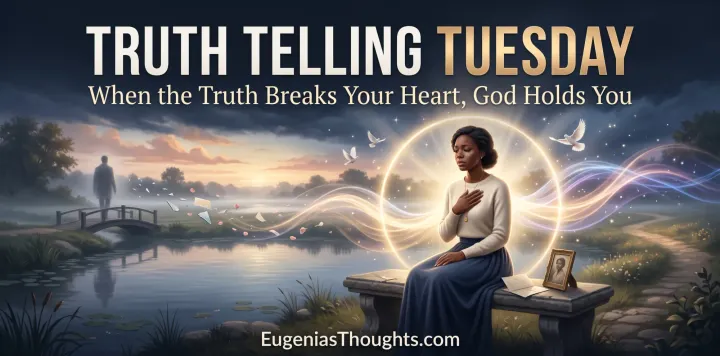 A heartbroken woman sits beside a pond in a golden circle of light as doves and glowing waves surround her while a distant figure walks away.